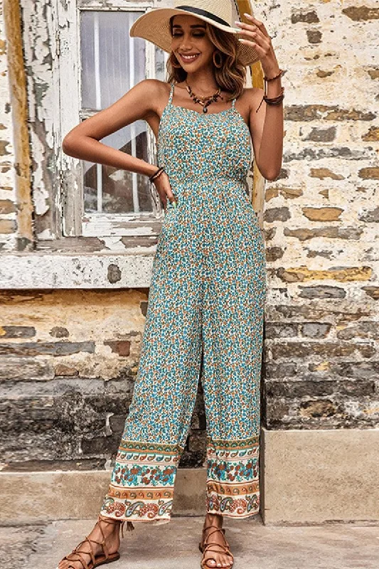 WOMEN SPAGHETTI STRAP FLORAL PATTERN BOHO JUMPSUIT