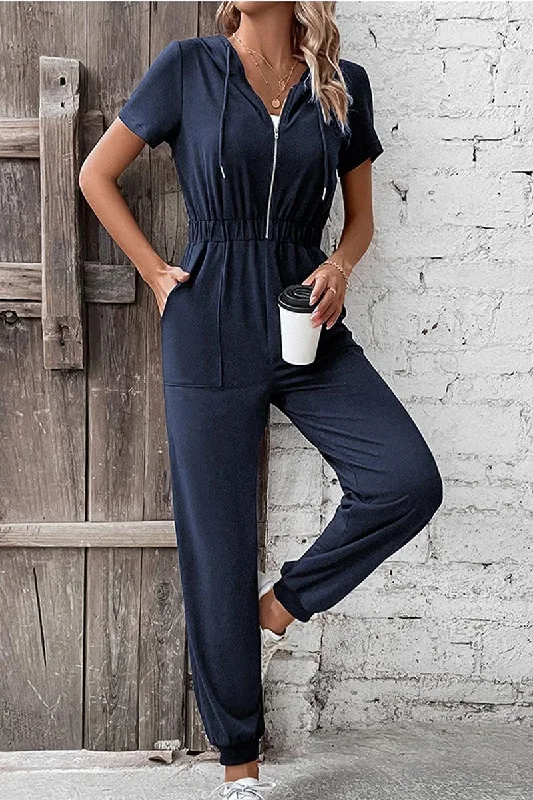 WOMEN HALF ZIP UP HOODED ELASTIC WAIST JUMPSUIT