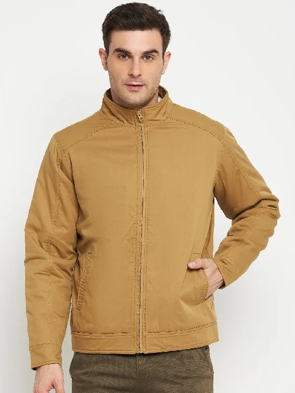 Solid Khaki Full Sleeves Mock Collar Regular Fit Casual Jacket for Men