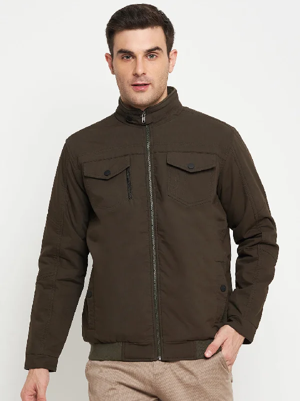 Solid Olive Green Full Sleeves Mock Collar Regular Fit Casual Jacket for Men