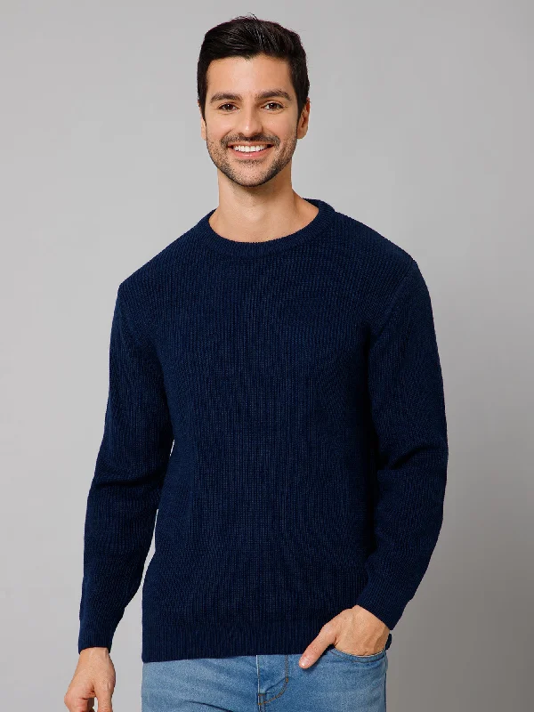 Self Design Blue Full Sleeves Round Neck Regular Fit Casual Sweater for Men