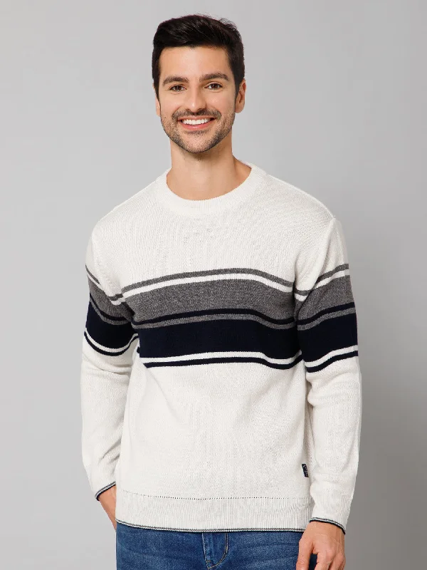 Stripe Off White Full Sleeves Round Neck Regular Fit Casual Sweater for Men