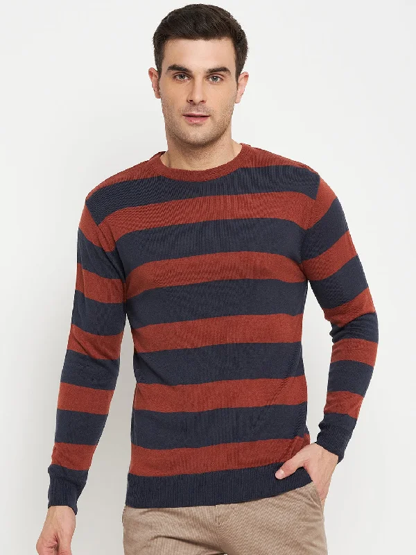 Striped Rust Full Sleeves Round Neck Regular Fit Casual Sweater for Men