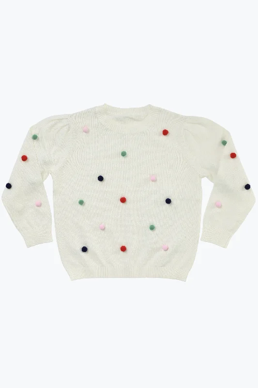 Girls Holiday Pom Pom Crew Neck Sweater