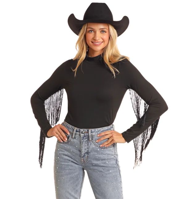 Rock and Roll Cowgirl Black Mock Neck Fringe Long Sleeve Top BW52T05289