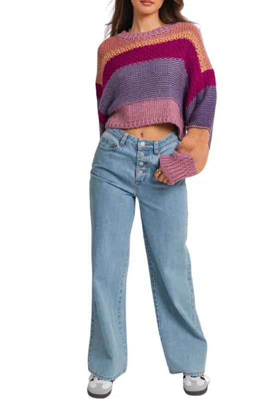 Round Neck Crop Sweater In Purple Multi