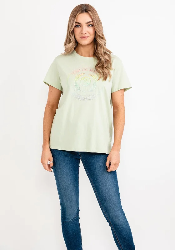 Guess Womens Rainbow Embroidered Graphic T-Shirt, Green