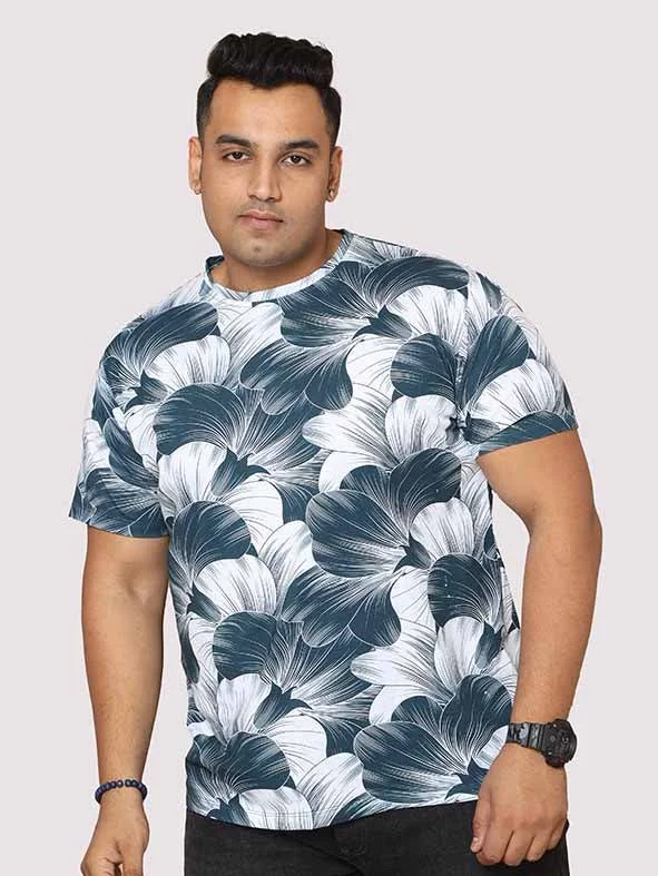 Men Plus Size Big Grey Flower Digital Printed Round Neck T-Shirt