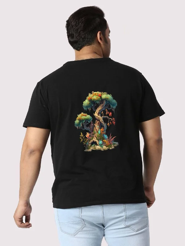 Men Plus Size Black Bonsai Tree Printed Round Neck T-Shirt.