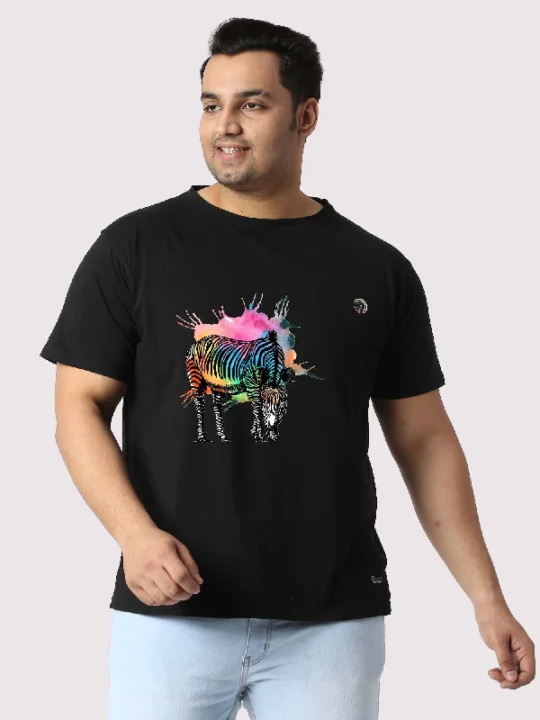 Men Plus Size Black Colorful Zebra Printed Round Neck T-Shirt