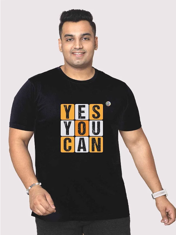 Men Plus Size Black Yes You Can Printed Round Neck T-Shirt