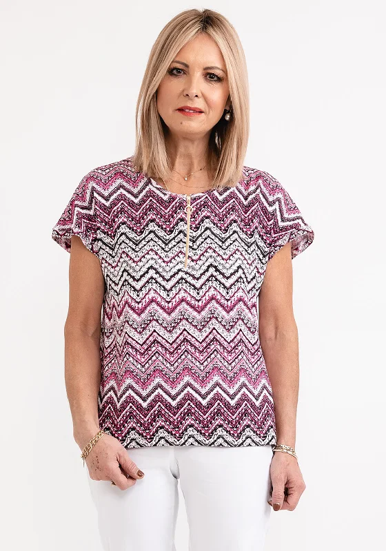 Micha Zig Zag Patterned Zip T-Shirt, Pink Multi