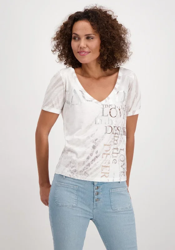 Monari V Neck Text Print T-Shirt, White & Beige