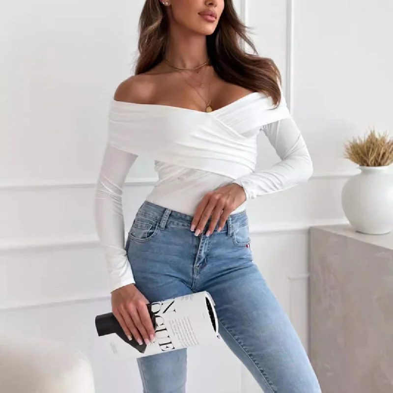 Round Neck Slim Long Sleeve Knit Top Sexy Fashion Strapless Tee Wholesale Womens Clothing N3824091200010