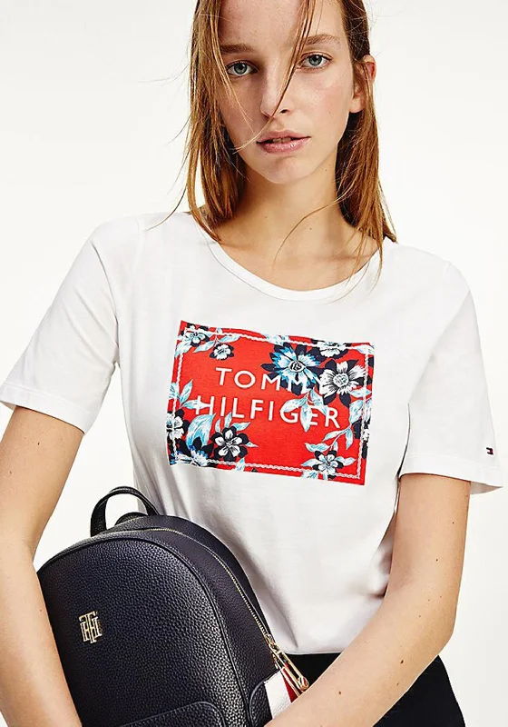 Tommy Hilfiger Womens Floral Logo T-Shirt, White & Red