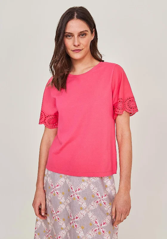 White Stuff Belle Broderie Sleeve T-Shirt, Deep Pink