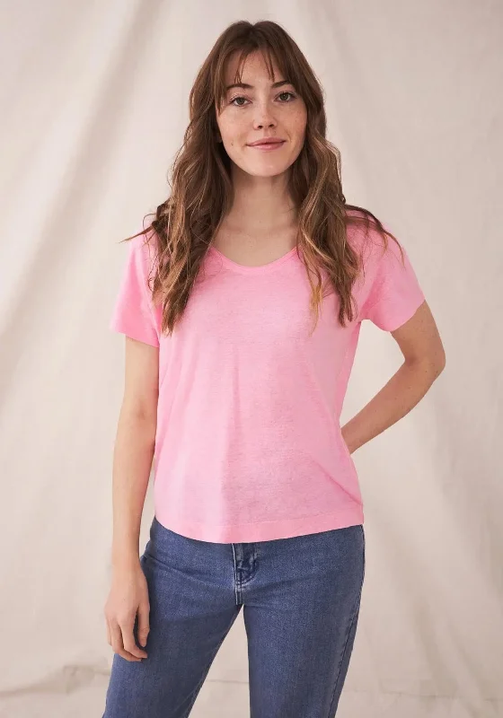 White Stuff Wide Neck Linen Blend T-Shirt, Pink